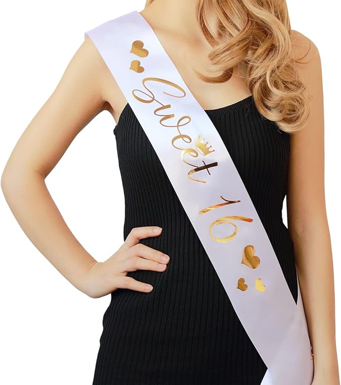 Sweet 16 Sash for Girls,16th Birthday Sash White with Gold Foil Lettering.