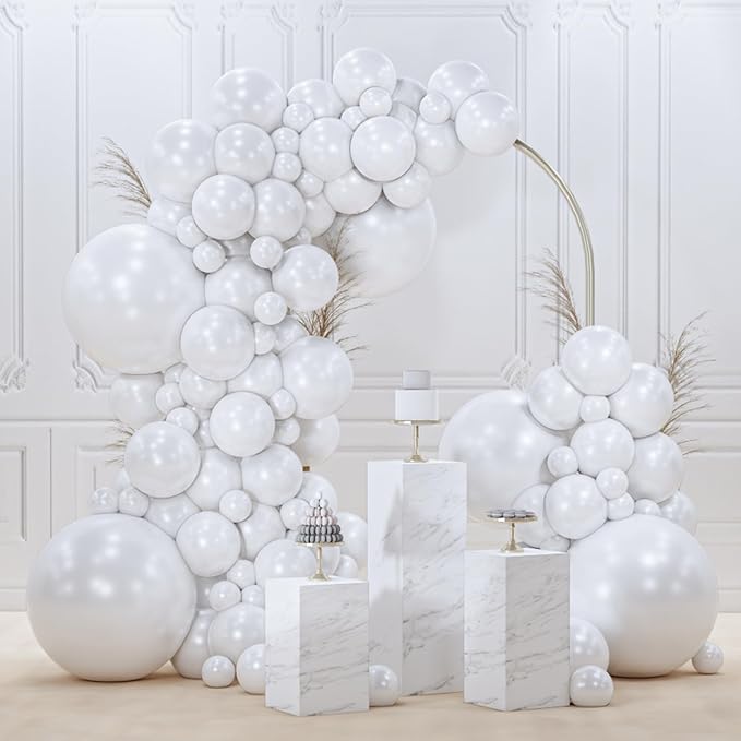 PartyWoo Pearl White Balloons 140pcs Different Sizes Pack of 18 12 10 5 Inch Metallic White Latex Balloon Arch Kit Garland for Wedding Graduation Baby Shower Birthday Party Decorations White-Z30