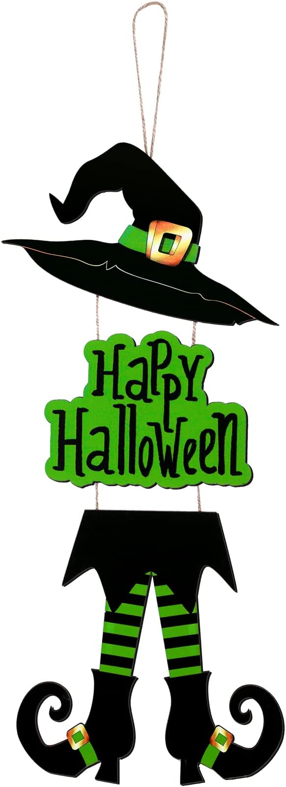 Yerliker Halloween Happy Sign Decoration Witch Legs Hat Hanging Wooden Wall Decor Version Rustic Front Door Hanger Fall Art Ornament for Home Room Indoor Outdoor Holiday Party(Green)