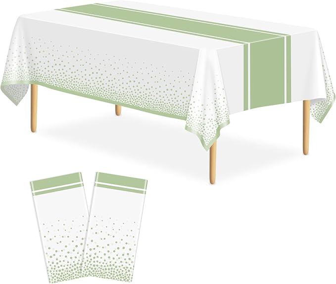 2 Pack White and Sage Green Tablecloth Party Decorations Plastic White Tablecloth Printed Sage Green Table Runner 54 x108 Inch Disposable Rectangle Table Cover for Birthday Wedding Graduation