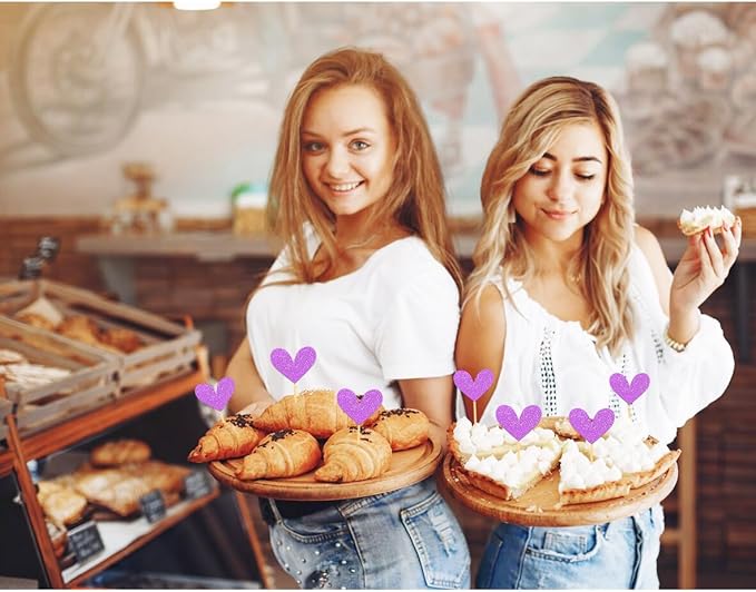 24Pcs Glitter Heart Cupcake Toppers for Valentine's Day Decorations, Mixed Size Double-Sided Heart Valentine's Day Cupcake Toppers for Wedding Bridal Shower Party Decorations (Purple)