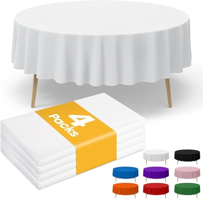 White Plastic Table Cloth - 4 Pack 84" Round Disposable Tablecloths for Round Tables, Table Cover for Holiday Parties & Gatherings