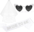Bride to Be Set: Pearl-Trimmed Heart Sunglasses, Pearl BRIDE Sash & Tulle Veil - Bachelorette Party Bridal Accessories