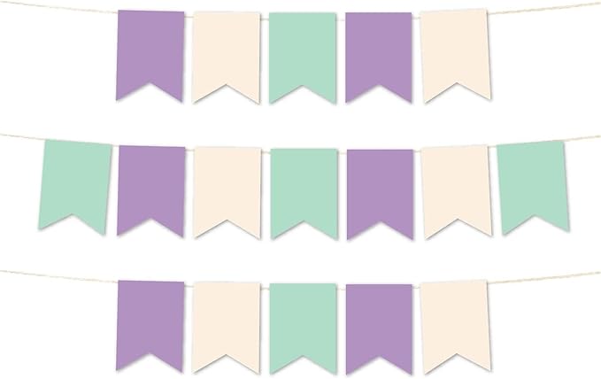 Andaz Press Hanging Pennant Banner with String, Lavender, Ivory, Mint, 1-Set, 24 Pennants, Approx. 12-Feet Long