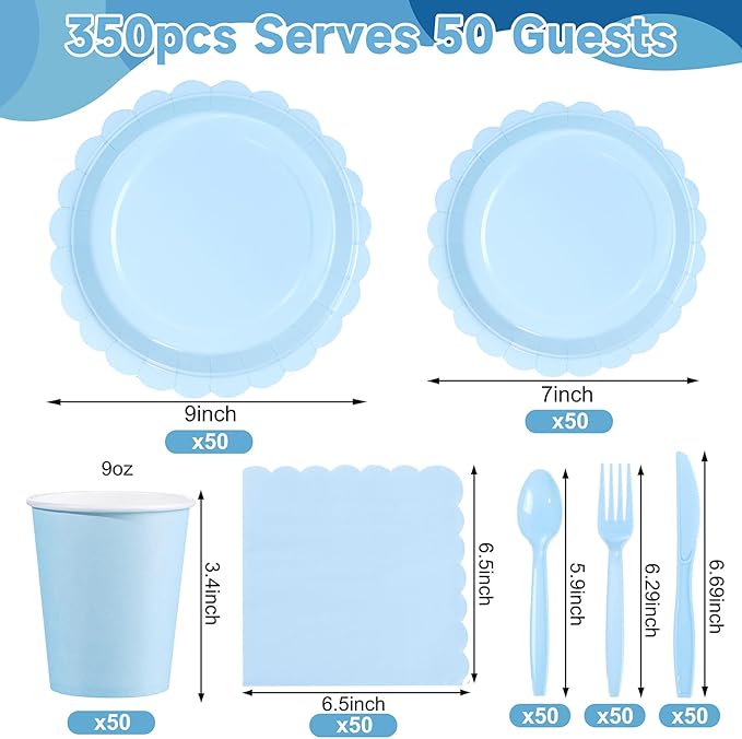 LIYH 350 Pcs Light Blue Paper Plates and Napkins 50 Guest Blue Party Supplies Include Scalloped Easter Paper Plates Cocktail Napkins Cups Spoons Forks Knives for Baby Shower,Birthday