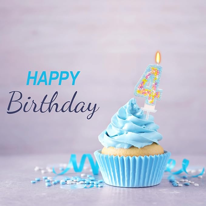 Birthday Candles - Number 4 Candle, Colorful Macaron Candles for Boys/Girls, Blue Cake Decorations, Blue Birthday Decorations