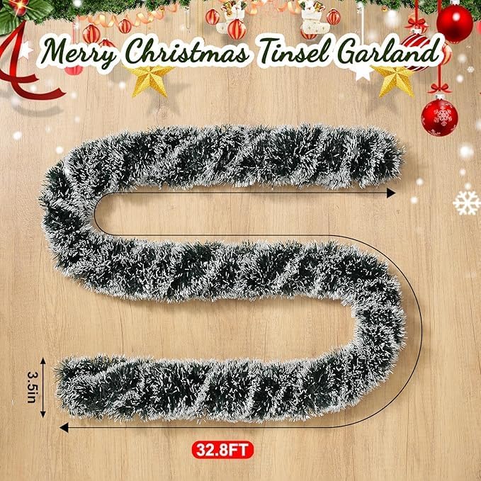 33FT Christmas Tinsel Garland Green Metallic Hanging Twisted Garland Greenery Garlands for Christmas Tree Fireplace Mantle Xmas Party Home Decoration