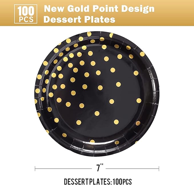 Black Gold Paper Plates 100PCS,7inch Black and Gold Dots Dessert Plates,Disposable Round Party Supplies Great for Birthday,Graduation,Retirement,Father's Day