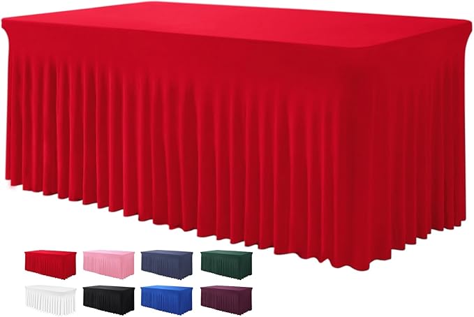 Table Skirts for Rectangle Tables 6ft - One-Piece Red Tablecloths and Skirt, Wrinkle Resistant Ruffles Elastic Cover for Banquets, Weddings, Events, Parties
