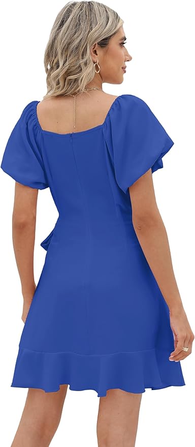Sampeel Womens Summer Dresses Square Neck Puff Sleeve Tie Waist Short Dress