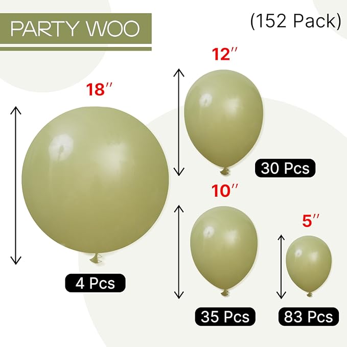 PartyWoo Sage Green Balloons 152pcs Different Sizes of 18 12 10 5 Inch Olive Boho Green Latex Balloon Arch Kit for Wedding Birthday Dinosaur Jungle Golf Football Theme Party Decorations Green-F11