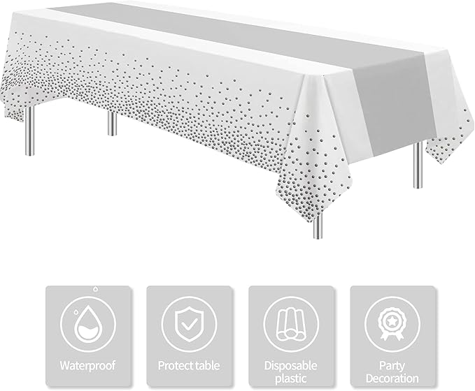 White and Silver Party Decorations Tablecloth, 3 Pack Disposable White Table Cover Printed Silver Table Runner for Birthday Baby Bridal Shower Wedding Anniversary Graduation, 86in x 55in