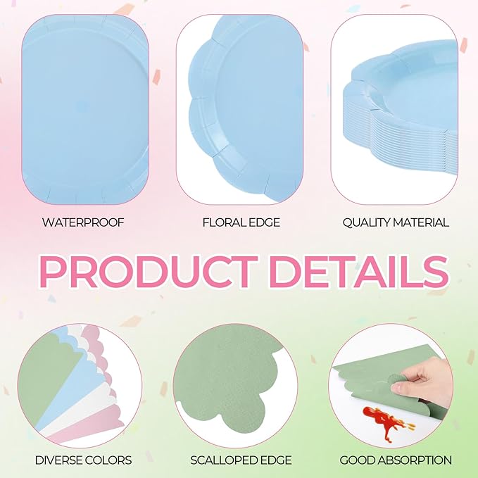 Qinyoung 388 Pcs Pastel Rainbow Plates and Napkins Party Supplies Tableware Include Disposable Scalloped Plate Paper Napkin Cup Plastic Cutlery for Baby Shower Gender Reveal Birthday Party, 48 Sets