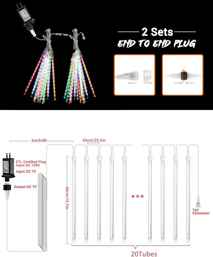 iBaycon 20 Tubes 640 LED Meteor Shower Rain Lights, 15.7 inches Cascading Icicle Lights Waterproof Outdoor, Connectable Falling Raindrop Light with Timer for Holiday Party Christmas Decorations