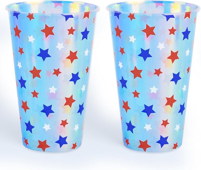 xo, Fetti Fourth of July Decorations Iridescent Plastic Cups - 16 Disposable 16 oz Cups | USA Party Favors, American Flag Party Supplies, 4th of July Decorations, Red White and Blue Decor