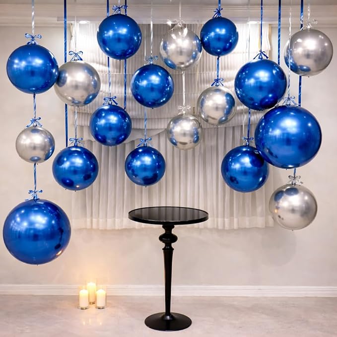 Togvu Blue Silver Round Foil Balloons, 16PCS Different Sizes 4D Metallic Balloon Large Sphere Mirror Ball Balloons for Prom Graduation New Year Birthday Party Wedding Ceiling Decorations Supplies