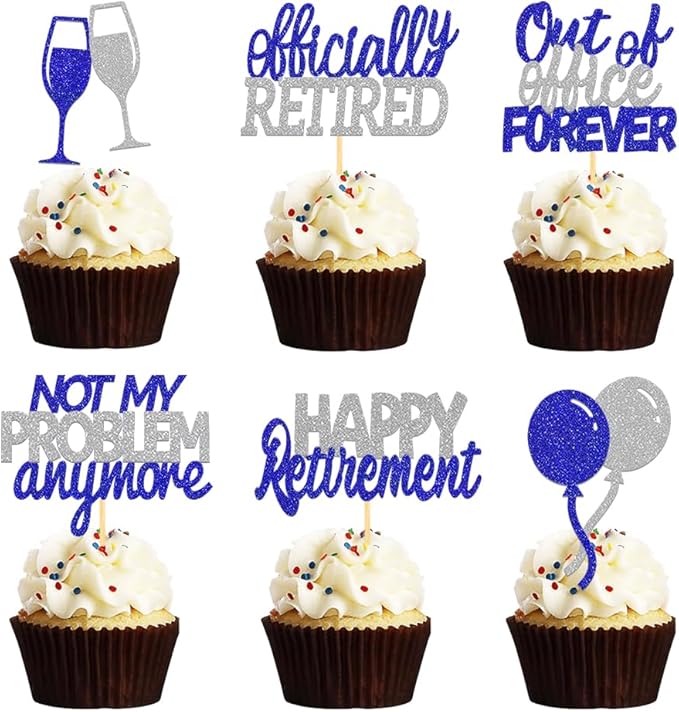 24 Pcs Happy Retirement Cupcake Toppers Officially Retired Cupcake Picks, Out Of Office Forever Retirement Theme Cake Toppers Decorations for Farewell Party Cakes (Blue&Silver)