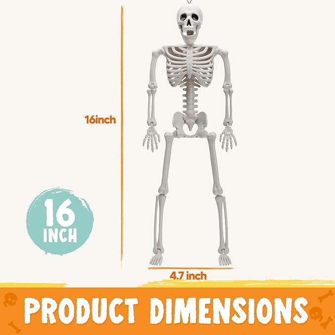 JOYIN 12 PCS 16" Halloween Skeleton Decor, Full Body Movable Stayable Joints Plastic Skeleton, Posable Hanging Skeletons for Halloween Decoration Indoor Outdoor, Graveyard Yard Party Decor