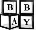 Baby Boxes with 4 PCS Letters for Baby Shower Black Clear Balloon Box Blocks Gender Reveal Decorations and Birthday Party (Black)