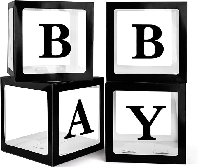 Baby Boxes with 4 PCS Letters for Baby Shower Black Clear Balloon Box Blocks Gender Reveal Decorations and Birthday Party (Black)