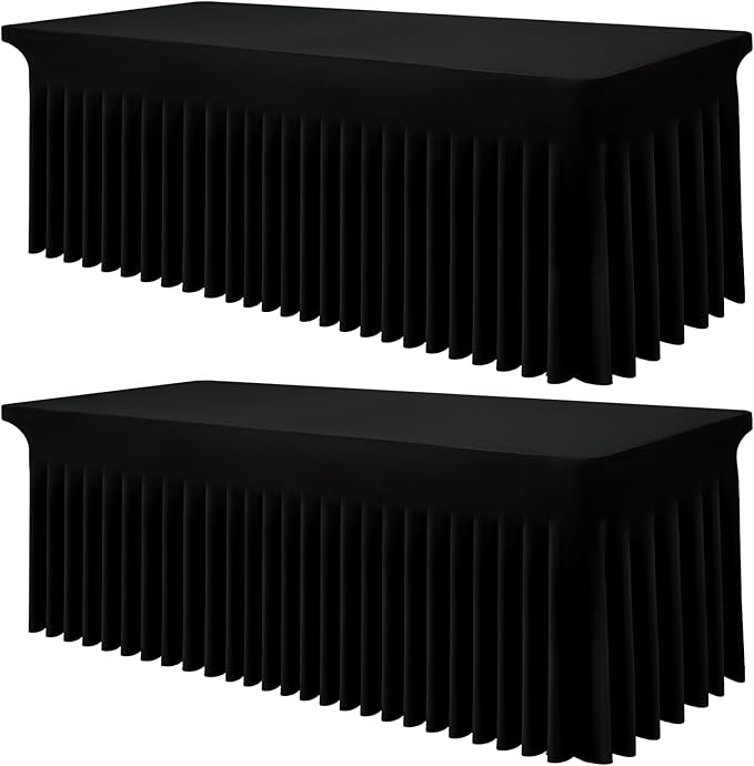 Smiry Spandex Tablecloth 2 Pack, Elastic Fitted Stretch Tablecloth for 8FT Rectangle Tables, Waterproof Washable Table Cover Skirt for Outdoor, Wedding, Banquet & Parties (Black, 96Lx30Wx30H Inch)