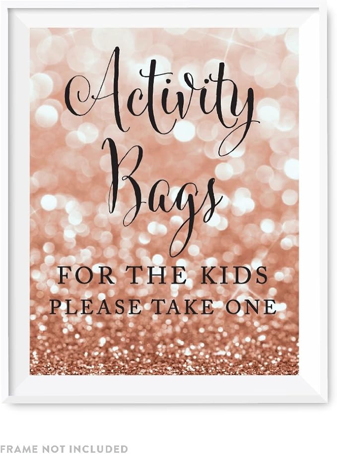 Andaz Press Wedding Party Signs, Glitzy Rose Gold Glitter, 8.5x11-inch, Activity Bags for the Kids Please Take One, 1-Pack, Bokeh Colored Party Supplies