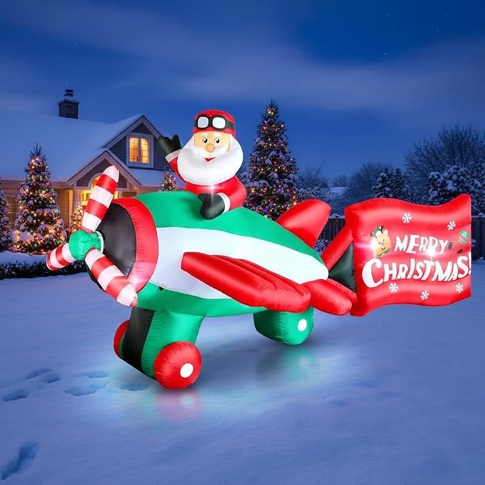 10.5 FT Animated Christmas Inflatables Santa Claus on Airplane, Santa Claus on Helicopter with Merry Christmas Banner, Xmas Blow Ups Outdoor Decorations for Yard Garden Lawn Holiday Home Party Decor