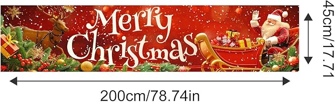 Merry Christmas Banner 79x18 Inches Santa Sleigh and Reindeer Christmas Fence Banner Outdoor Holiday Backdrop for Yard Wall Christmas Door Decorations Large Winter Backdrop Outdoor Display