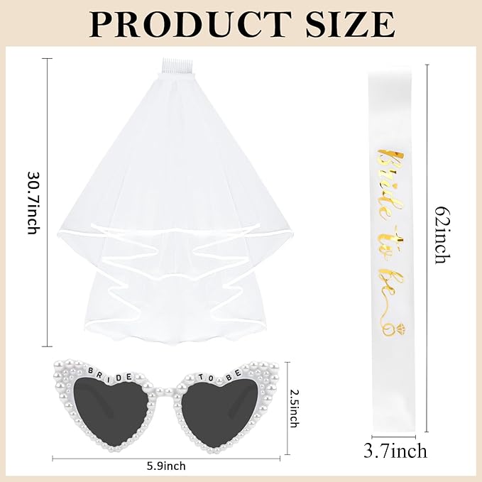 Bride to Be Set: Pearl-Trimmed Heart Sunglasses, Pearl BRIDE Sash & Tulle Veil - Bachelorette Party Bridal Accessories