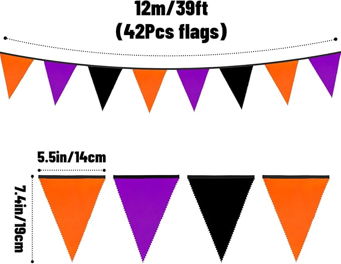 GCQQ 39FT Halloween Triangle Banner - 42Pcs Black Orange Purple Pennant Banners Flag Halloween Cotton Bunting Party Garlands for Porch Classroom Wall Fireplace Indoor Outdoor Decoration