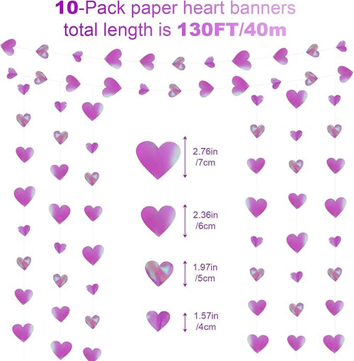 10 Pack 130ft Iridescent Purple Holographic Heart Party Garland Asymmetrical Love Hanging Banners for Birthday Baby Bridal Shower Wedding Engagement Bachelorette Graduation Decorations
