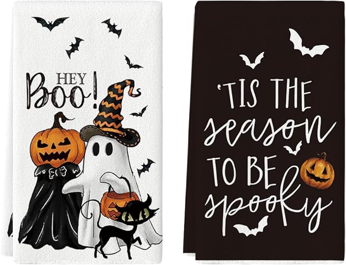 Artoid Mode Ghost Pumpkins Bats Cat Hey Boo Halloween Kitchen Towels Dish Towels, 18x26 Inch Seasonal Decoration Hand Towels Set of 2