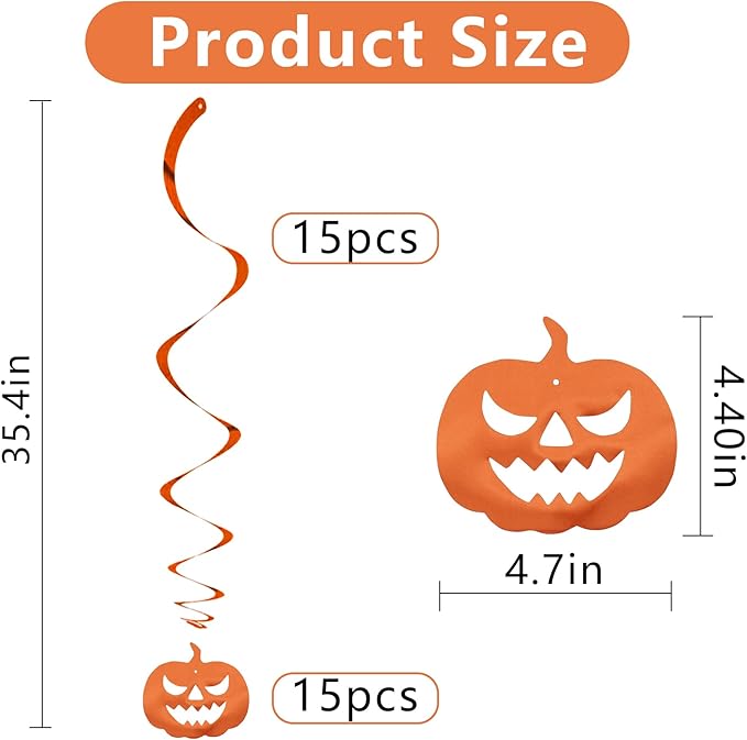 BEISHIDA Halloween Pumpkin Hanging Decorations - Orange Swirls, Horror Party Supplies for Pumpkin Theme Party Favors (15pcs)