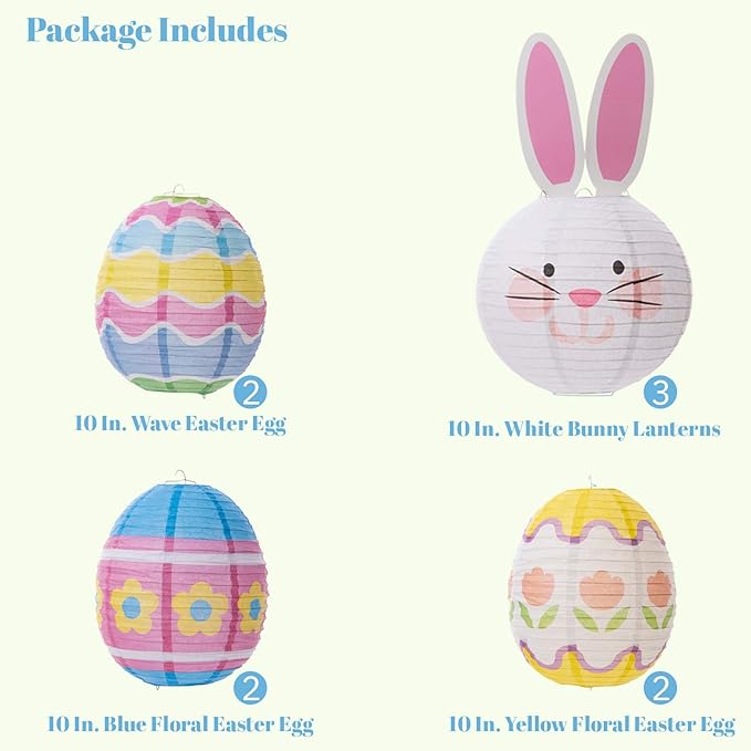 UNIQOOO 9PCS Easter Party Decorations Supplies Eggs Bunny Paper Lanterns Set For Kids, Reuseable 10’’ Pastel Color Hanging Lantern Decor for Home Outdoor Yard Tree Religious Easter Hunt Party Favors