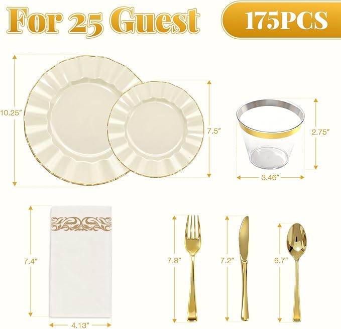 175 Piece Plastic Dinnerware Set Disposable Dinnerware Set for 25 Guests Include 50 Plastic Plates 25 Silverware Set 25 Cups and 25 Napkins for Easter Party Wedding Birthday（White and Gold）