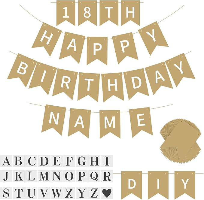 24 Pack Custom Banner Kit, DIY Customizable Personalized Flag Kit - Unique Hand Draw Yellow-Brown Banner with Letter Stencils - Handwriting Flag for Spring Decor Easter Home Office Party Decor
