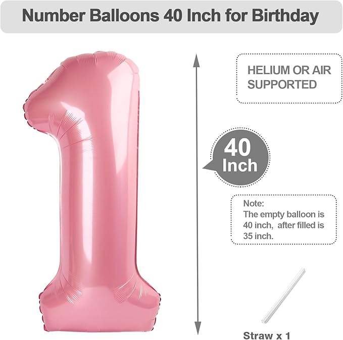Number 1 Balloons 40 Inch, Pearl Pink Balloons for Birthday Party Decoration, Big Number Ballon for 1, 10, 11, 12, 13, 21, 100 Celebration, Boy and Girl Birthday, Baby Shower, Anniversary Decor