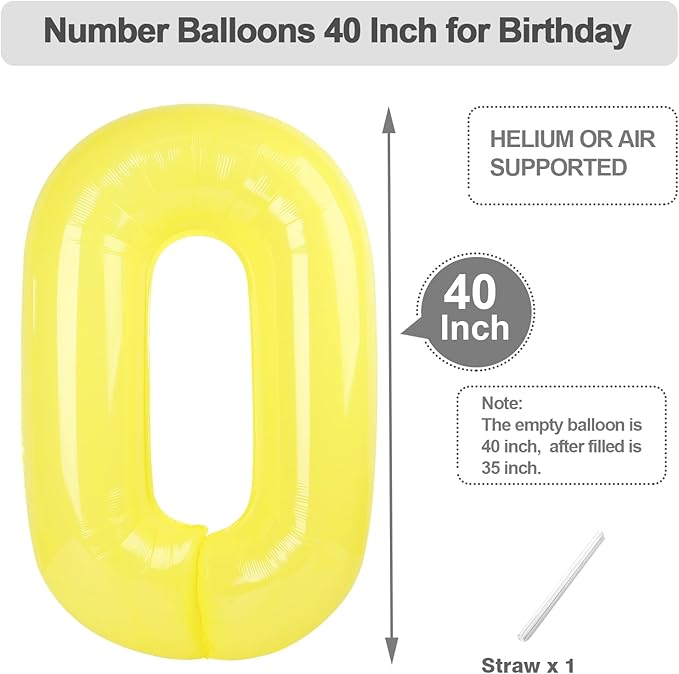 40 Inch Number Balloons, Yellow Balloons for Birthday Party Decoration, Foil Number 0 Ballon for 0, 10, 20, 100, 2026 Celebration, Birthday, Baby Shower, Anniversary Decor