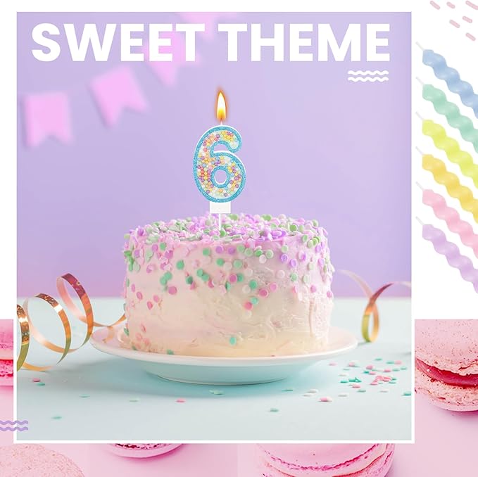 MTLEE Birthday Candle Macaron Glitter 3D Number Candle with 12 Pcs Rainbow Spiral Candles in Holders for Girl Boy Cake Topper Wedding Anniversary Pastel Sweet Theme Party Decoration(Blue,Number 6)