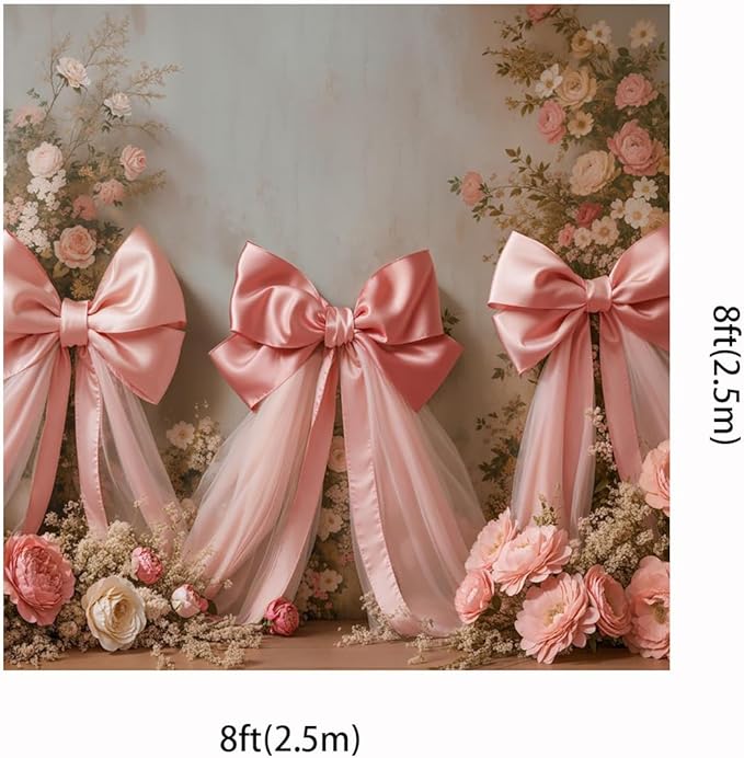 Kate 8x8ft Elegant Pink Floral Cute Bow Backdrops for Photography Romantic Wedding Background Happy Birthday Party Pricess Decoration Backdrop