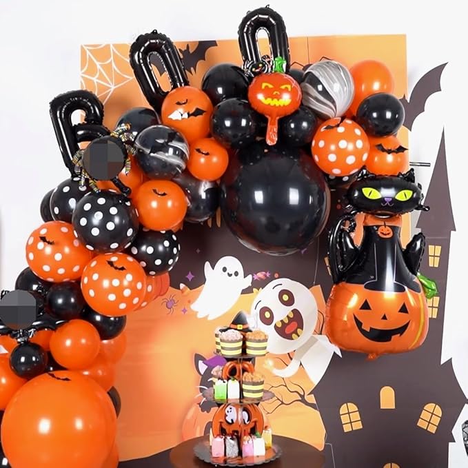 Halloween Balloon Arch Garland Kit, Orange and Black Balloon Arch Kit with 3D Bat Stickers, Boo Spider Bat Pumpkin Cat Pumpkin Spider Foil Balloons Polka Dot Balloons for Halloween Decorations