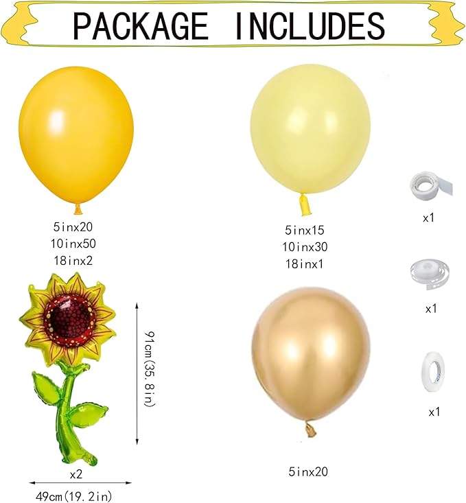 Sunflower Balloon Garland Arch Kit 140PCS - Lemon Yellow, Maca Yellow, Metallic Gold Latex and Foil Sunflower Balloons for Sunshine Sunflower Bee Themed Wedding Birthday Party Decorations (Sunflower)