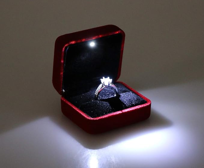 Velvet Metal Glossy with LED Jewelry Gift Box for Proposal, Engagement, Wedding - Easy to fit into Your Pocket or Handbag - Red