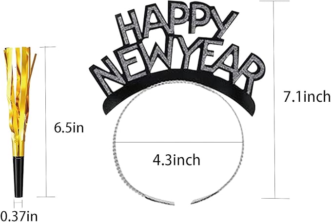 24 Pieces New Years Eve Party Supplies 2026,Happy New Year Headband Tiara,Metallic Fringed Noise Makers Gold Sliver for Kids and Adults