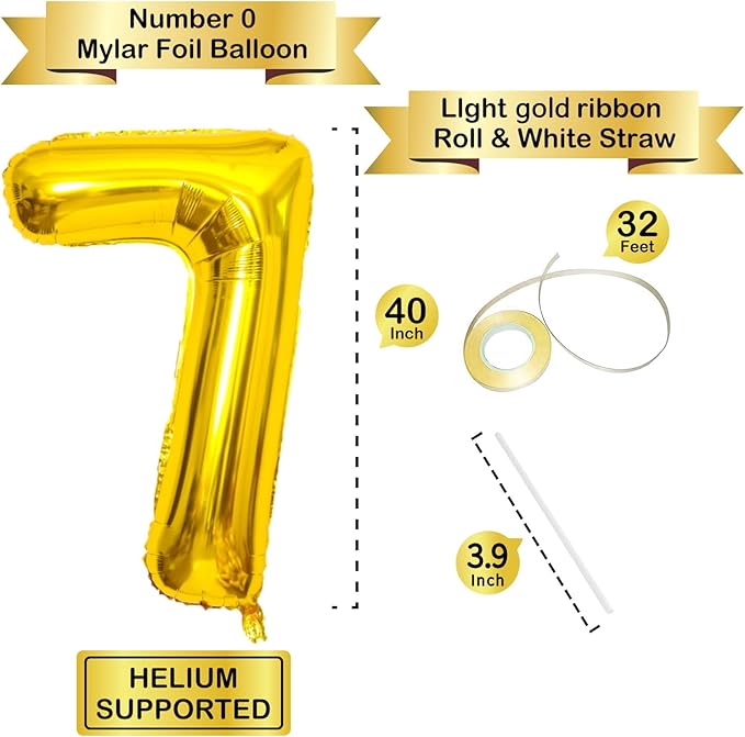 Gold 40 Inch Number 7 Balloon, Premium Mylar Foil Balloon for Birthday, Anniversary Party Decorations, Reusable Self-Sealing