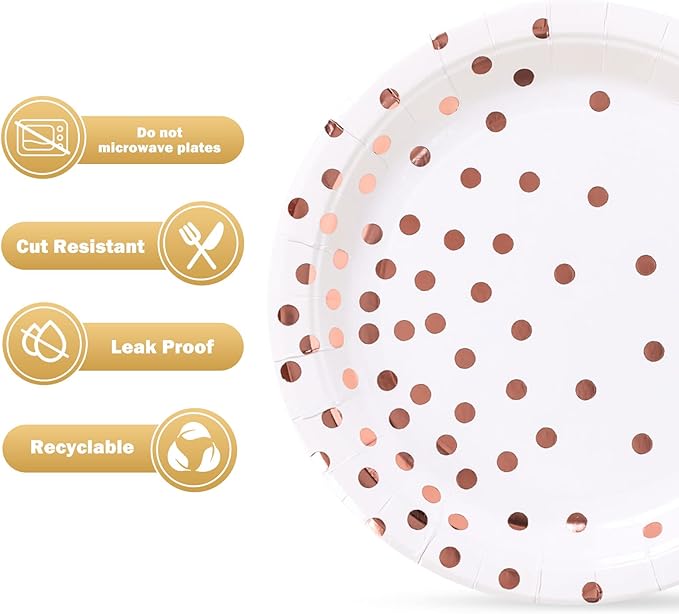 White and Rose Gold Party Supplies, Rose Golde Dot Paper Dessert Plates (50-Count)