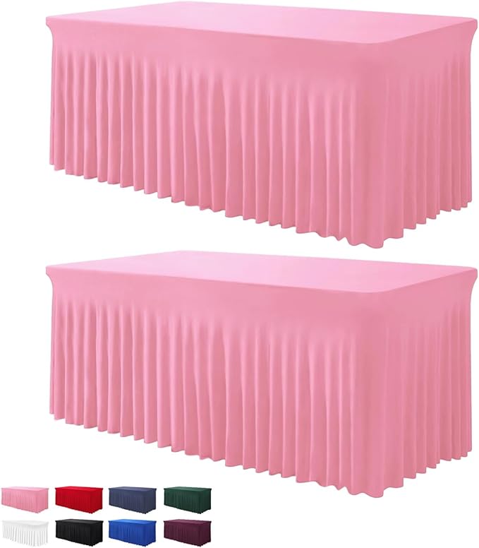 Table Skirts for Rectangle Tables 6ft - 2 Pack One-Piece Pink Tablecloths and Skirt, Wrinkle Resistant Ruffles Elastic Cover for Banquets, Weddings, Events, Parties