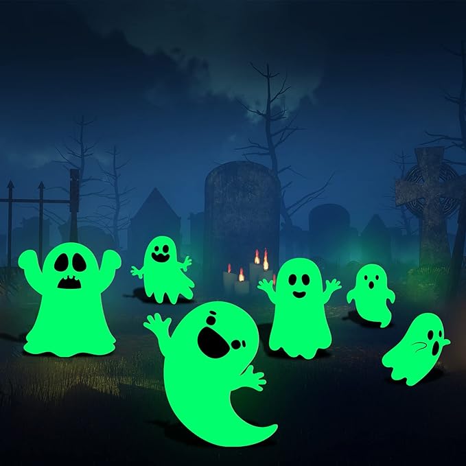 6 Pcs Halloween Yard Stakes Glow in The Dark with Green Fluorescent Layer Waterproof Plastic Cute Outdoor Sign Halloween Decorations for Lawn Patio Yard Garden Decoration (Ghost)