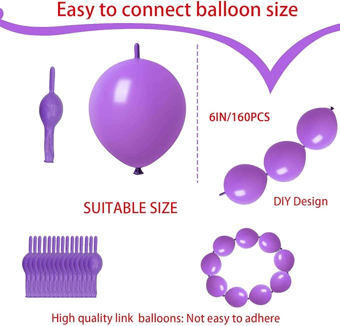 Link Balloons Purple 6 Inch Latex Quick Linkale Balloon 160 Pcs for Birthday, Halloween, Christmas, Party Festival Decorations