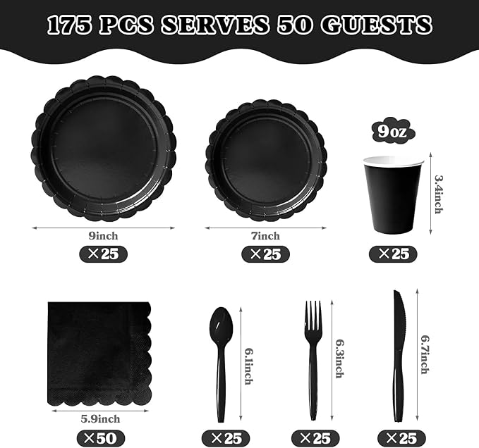 Vyntra 175 Pcs Black Disposable Paper Plates and Napkins Set for 25, 9" Dinner Plates & 7" Dessert Plates, Tableware for Birthday, Graduation, Wedding, Party